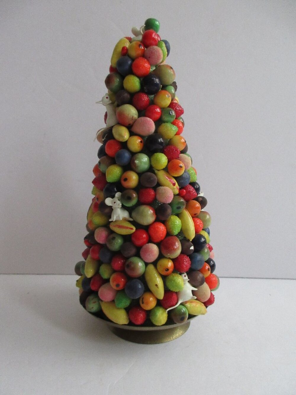 Fruit Cone Topiary Whimsical Christmas Tree  ~ 7" Colorful Fruit with Mini Mice
